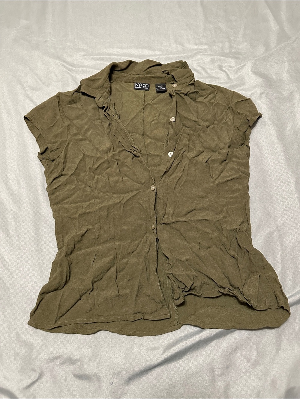 New York & Company Olive Button-Front Cap Sleeve Top